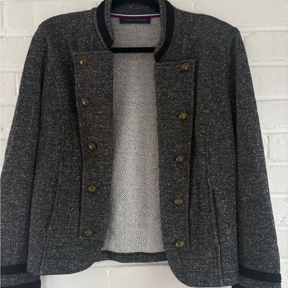 Tommy Hilfiger Charcoal Gray Tweed Military Jacket with Gold Buttons